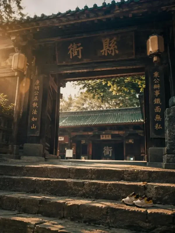《全家穿越记》短剧封面：古县衙石阶上遗留的一双现代运动鞋