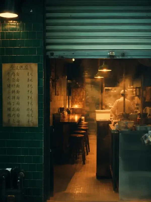 《老板娘不想营业》短剧封面：半拉着卷帘门的小面馆与手写菜单