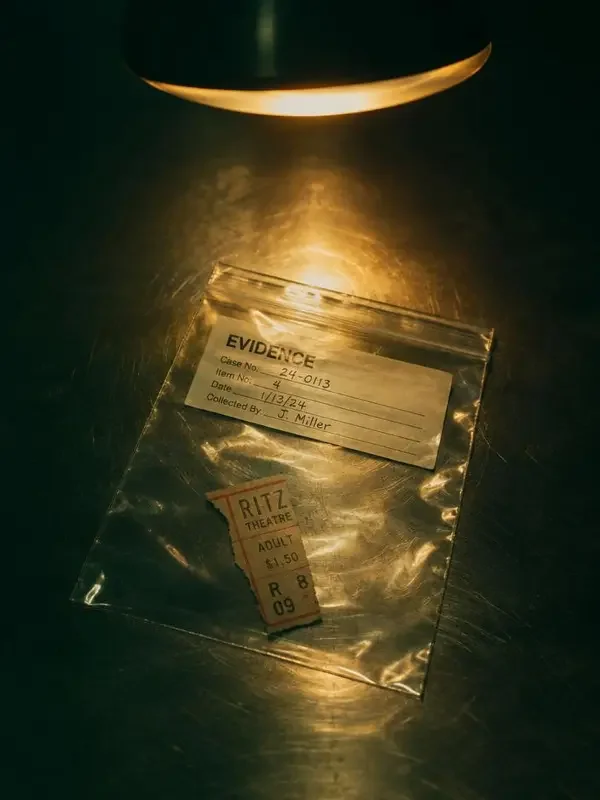 《第七号证物》短剧封面：证物袋里半张被撕开的电影票