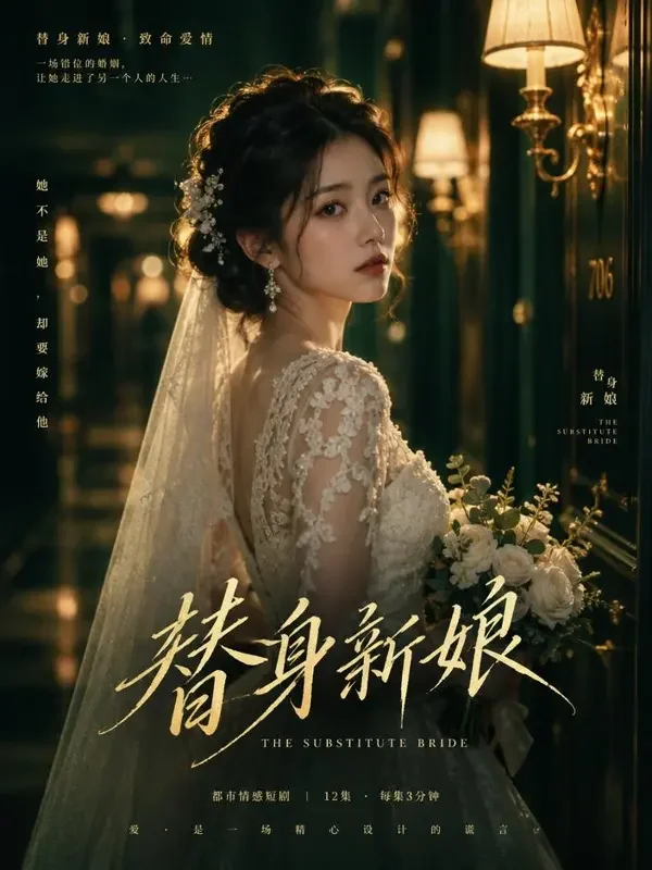 《总裁的替身新娘》短剧封面：白纱新娘站在墨绿色光影的宅邸大厅