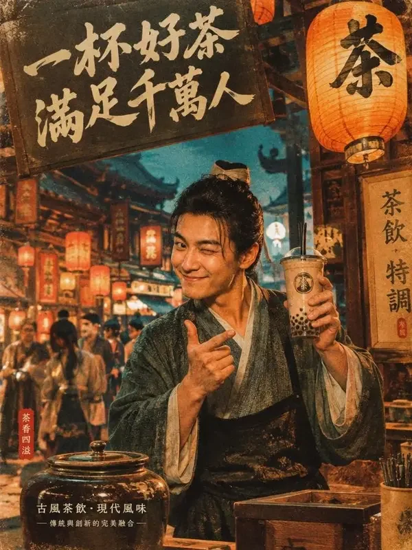 《我在古代开奶茶店》短剧封面：古街红灯笼下卖珍珠奶茶的小摊